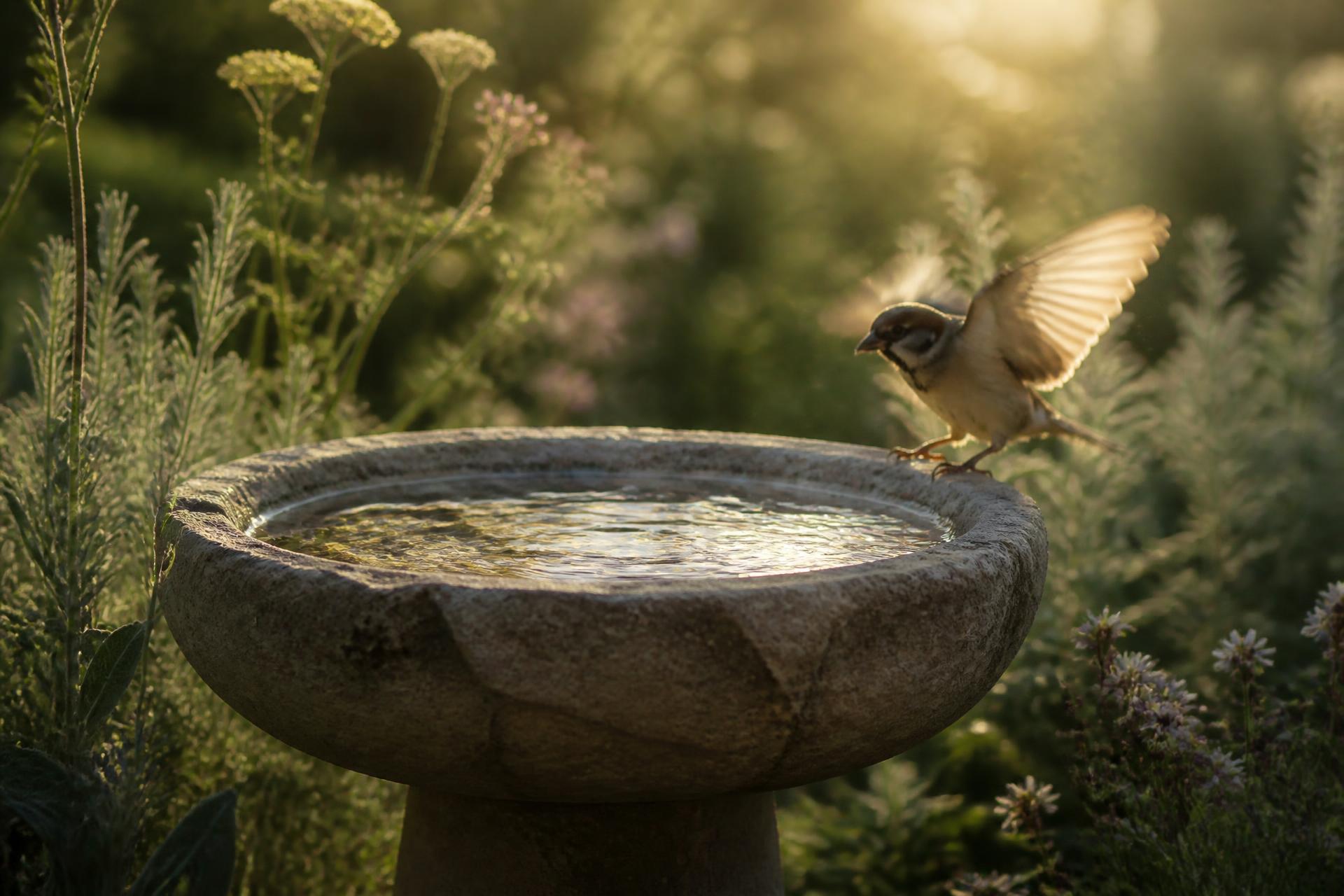 Vogelbad im Garten, Sonnenlicht auf ruhigem Wasser